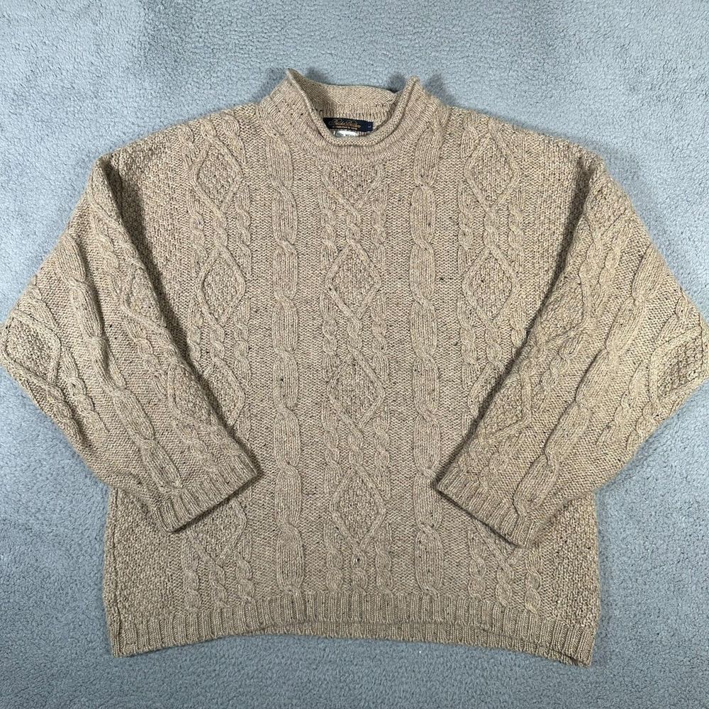 Brooks Brothers Sweater Mens Large Tan Wool Scotland Cable Knit Roll Neck Chunky